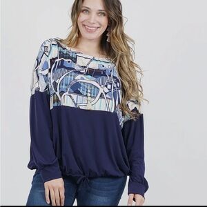 Oversized Dolman Long Sleeve Navy Abstract Print Top with Drawstring size 2XL